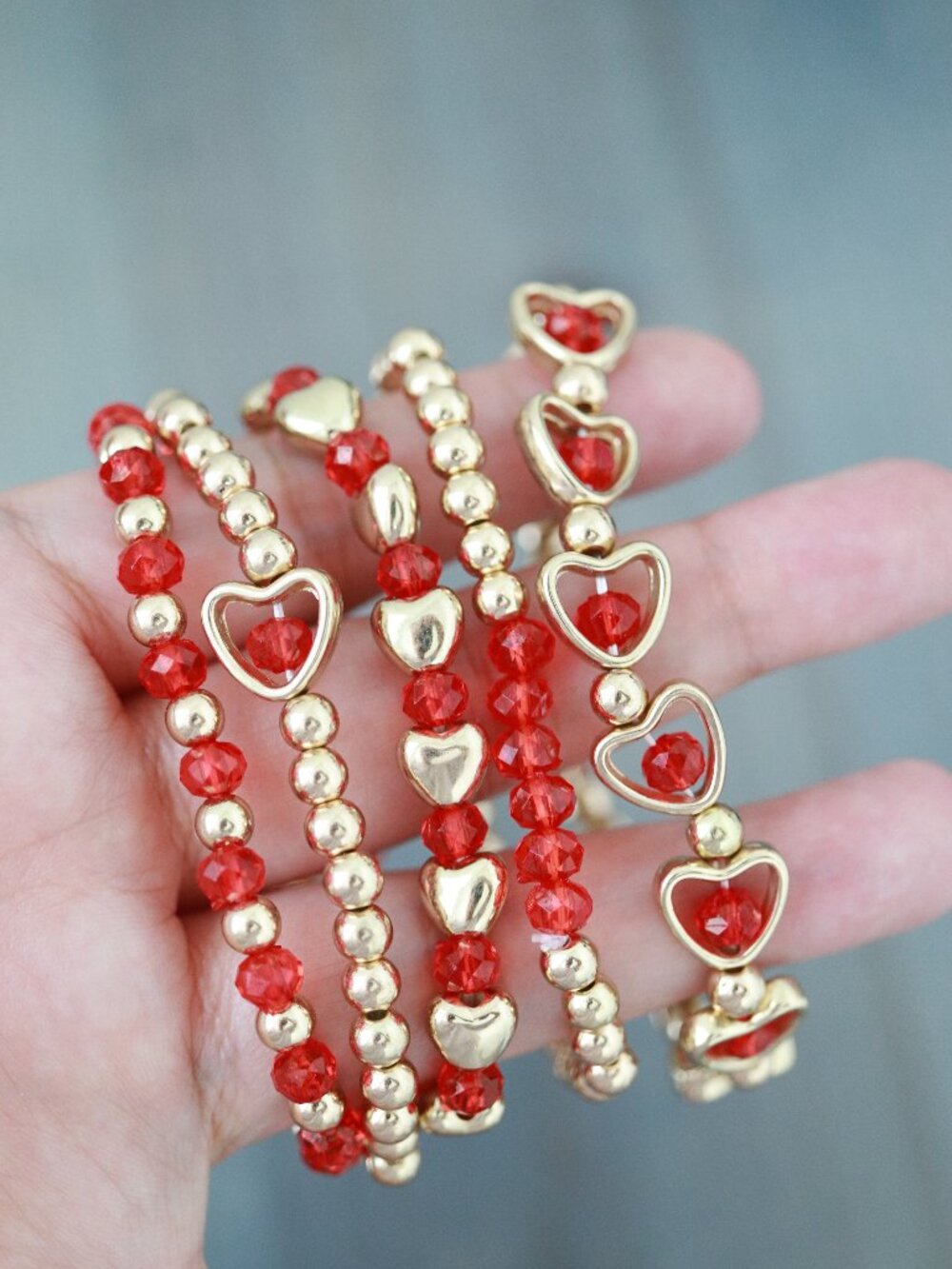 5pcs Stackable Red/Gold Hearts/Beads Chain Bracelet Stretchable